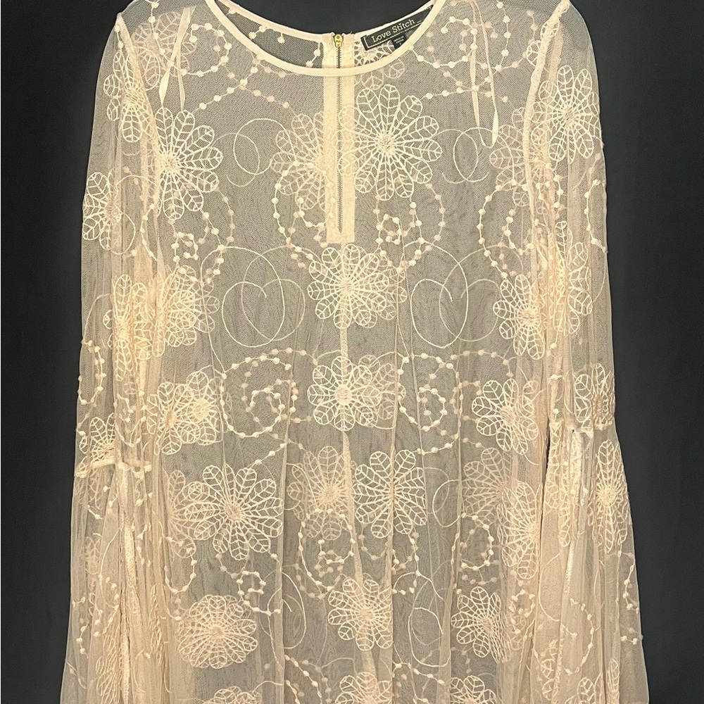Love Stitch Soft Pink Lace Blouse with Bell Sleeves